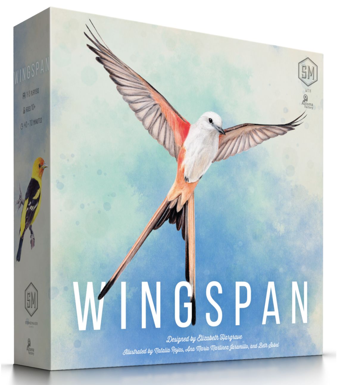 Cover of game box. Blue sky and red and white bird with wings expanded. The word Wingspan is across the box.